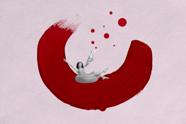 趋势艺术作品创意素描照片拼贴，纹理水粉装饰，光滑的油漆墨水，年轻女士坐在安全的环中，夏季放松假期图片下载