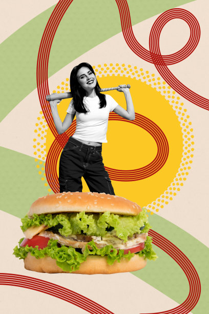 快乐的女强盗手持木棒，站在美国奶酪汉堡的碳水化合物营养咖啡馆前的照片拼贴，展现了图像杂志的潮流。图片下载