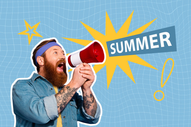 横幅全3D照片趋势图像拼贴，快乐的男人在大声喧哗扬声器，宣传夏季旅行度假氛围图片下载