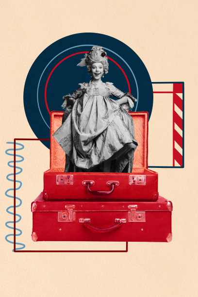 快乐公爵女孩窥视行李箱的独特垂直照片拼贴，周末搬迁概念，旅程期待感图片下载