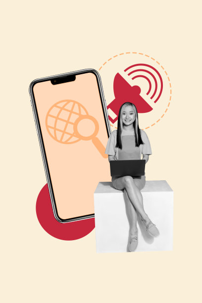 快乐的自由职业女孩坐着，手持笔记本电脑，手机屏幕上显示网络连接的弹出通知，形成生动的竖向照片拼贴。图片下载