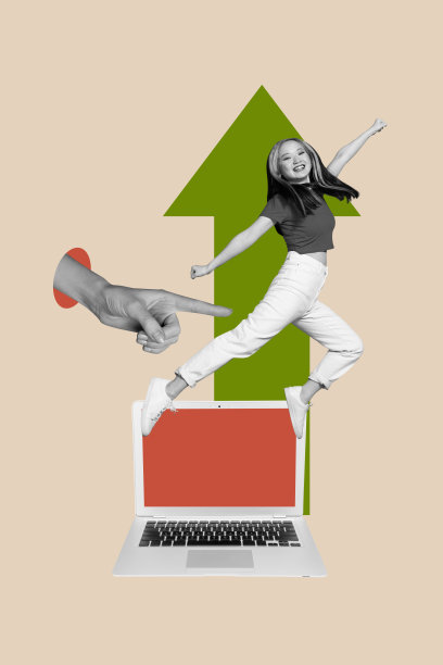 复合素描设计艺术作品 3D 照片拼贴，展示路线箭头、目标成就、选择、目标、笔记本电脑、手指指向年轻女士飞翔的场景图片下载
