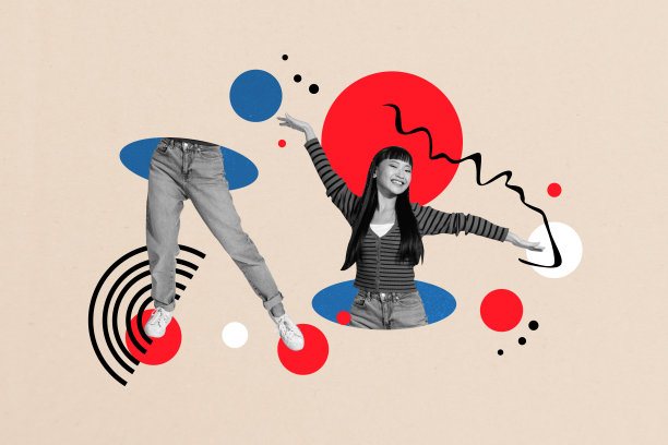 时尚艺术创意全景照片拼贴，快乐的韩国女孩半身舞蹈，腿部在迪斯科场合中放松，周末派对休闲。图片下载