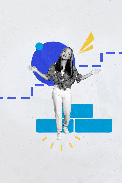 快乐的商人和商女人站在职业阶梯上，展示晋升成功和成就目标的艺术图像竖版照片拼贴。图片下载