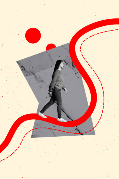 复合素描设计艺术作品 3D 照片拼贴，展示幻想路线、箭头、目标、成就、选择、年轻女性行走的方向图片下载