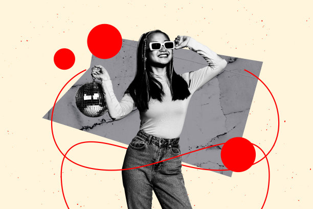 年轻女士微笑，佩戴太阳镜，手持迪斯科球的海报模板趋势艺术照片拼贴，夜间娱乐周末活动休闲图片下载