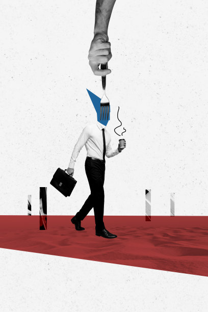 无头商人走路，手持公文包和咖啡杯，叉子刺食物，垂直照片拼贴，背景为涂鸦风格。图片下载