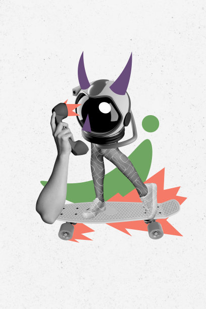 垂直照片拼贴，匿名人类身穿太空头盔，手持滑板，拿着接收器在涂鸦背景前交谈。图片下载