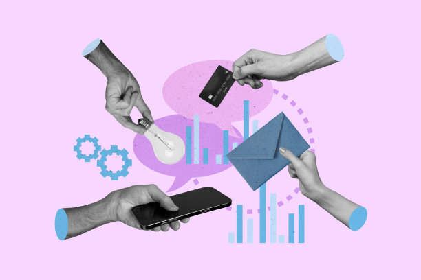 趋势艺术作品复合照片拼贴设计，四只手握着创意灯、信用卡、智能手机银行应用、信息信封和数据交易。图片下载