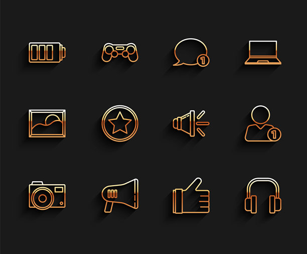 设置线条照片相机、扩音器、电池充电水平指示器、手势、耳机、星星、添加好友和扬声器音量图标。矢量图。图片下载