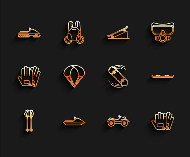 滑雪杖、摩托雪橇、雪地摩托、全地形车或ATV摩托车、手套、降落伞、滑雪板和滑板特技图标。矢量图。图片下载