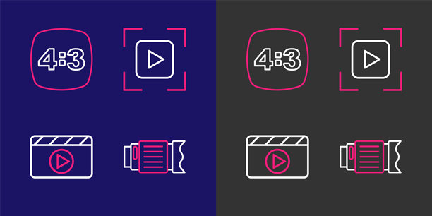 相机镜头、电影拍板、对焦框线和照片4图标。矢量图。图片下载