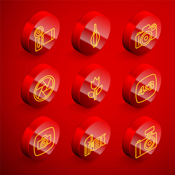 设置线条电影相机、吹尘器、照片、相机快门、微距模式、框架4和图标。矢量图。图片下载