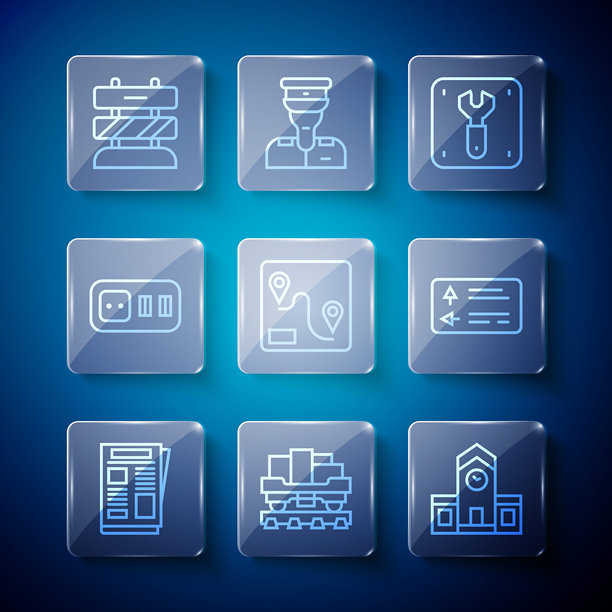 新闻设置，货运列车车厢，火车站，铁路维修，路线位置，电源插座，终点轨道和道路交通标志图标。矢量图图片下载