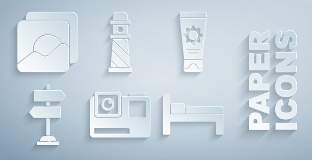 极限运动相机，管装防晒霜，交通标志，床，灯塔和照片图标。矢量图。图片下载