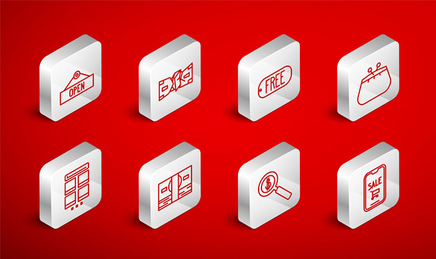 设置线条手机和购物车，皱巴巴的纸币现金，带有“免费”字样的价格标签，钱包，放大镜美元，悬挂标志“开放”，堆叠和在线手机图标。矢量图。图片下载