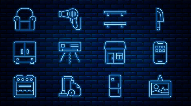 设置线条图片，移动应用程序，空木架，空调，衣柜，扶手椅，房屋和吹风机图标。矢量图片下载