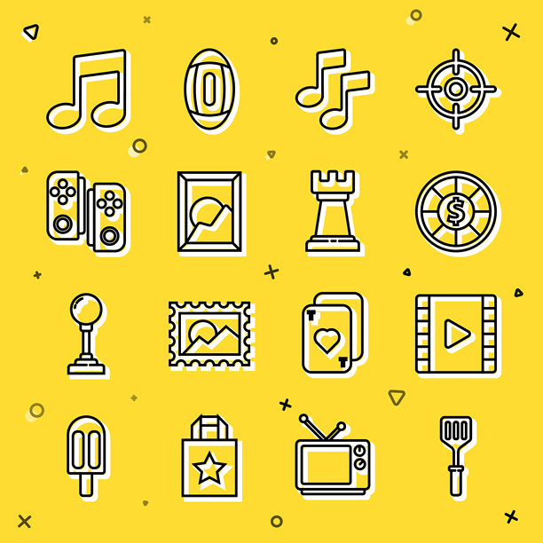 线性铲子、播放视频、赌场筹码、音符、音调、风景图片、游戏手柄和商业策略图标。矢量图。图片下载