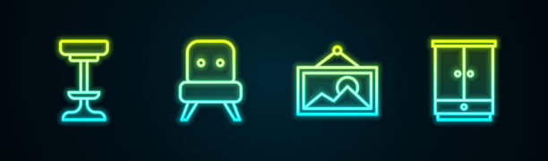 线条椅子、扶手椅、图片和衣柜。发光的霓虹图标。矢量图。图片下载
