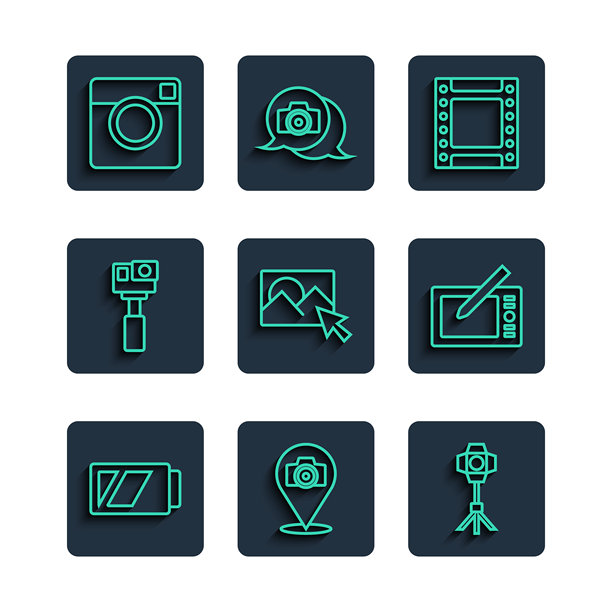 相机电池图标，照片，软箱灯，胶卷盒，修图，动作，图形平板图标。矢量图。图片下载