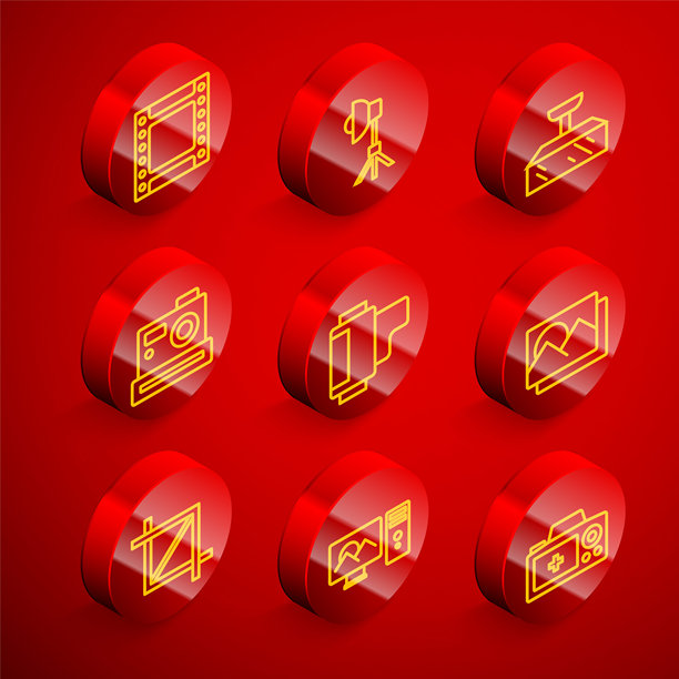 相机胶卷盒、软箱灯、照相机、相框、图片裁剪和修图图标。矢量图。图片下载