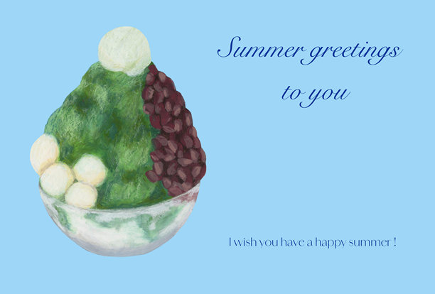 夏季问候卡插图，描绘了抹茶刨冰，配有汤圆、红豆沙和冰淇淋，使用油画棒绘制。图片下载