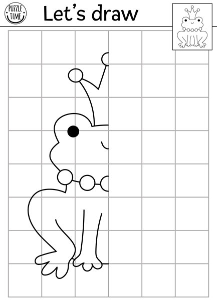 完成青蛙王子。矢量仙境对称绘图练习工作表。适合儿童的黑白童话打印活动。魔法森林复制图片涂色页，带有可爱的动物。图片下载