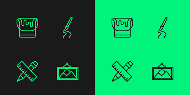 设置线条图片风景，交叉的尺子铅笔，油漆桶和刷子图标。矢量图。图片下载