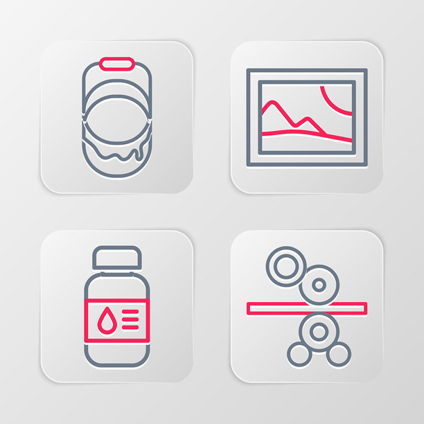 印刷机的纸卷、打印机墨水瓶、风景图片和油漆桶图标。矢量图。图片下载
