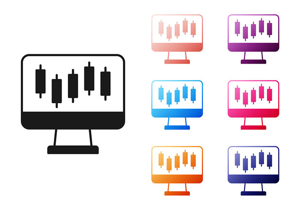 黑色电脑上显示股票市场增长图表和货币图标，背景为白色。显示器上有股票图表和箭头。图标设置为彩色。矢量图。图片下载