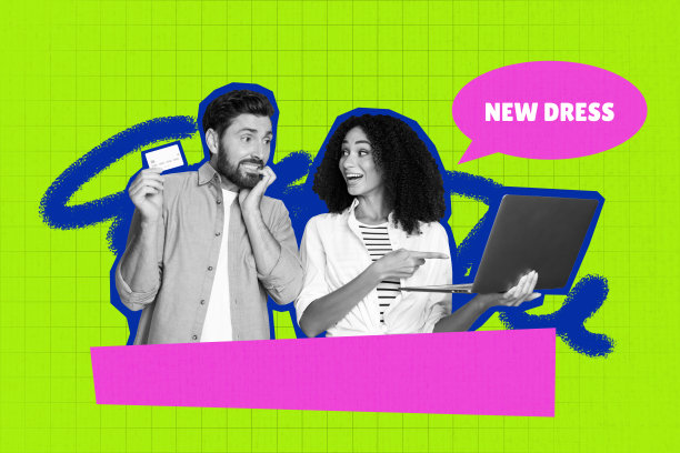 黑色星期五促销海报趋势，照片拼贴，年轻女士手持笔记本电脑下单购买新裙子，男士困惑地用信用卡付款图片下载