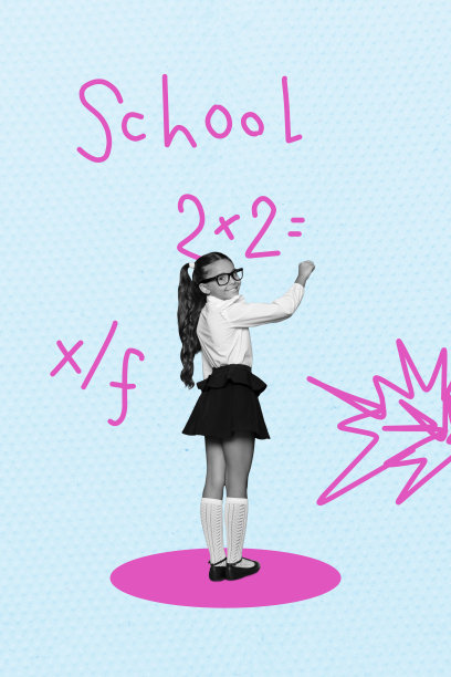 时尚艺术创意竖版照片拼贴，快乐的女学生穿着校服，正在进行数学科目测试，写在黑板上。图片下载