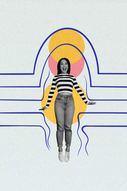 快乐女商人的海报照片，垂直拼贴，象征飞跃发展、目标成就、职业成长和机会概念。图片下载