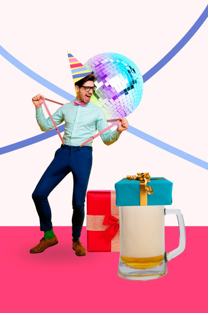 年轻男子跳舞微笑，手持啤酒杯，礼品盒，迪斯科球，庆祝横幅广告，派对趋势艺术的素描复合3D照片拼贴作品图片下载