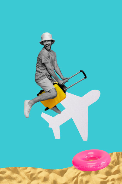 时尚艺术创意竖版照片拼贴，快乐的男人与行李箱、飞机、沙滩、救生圈，夏季假期。图片下载