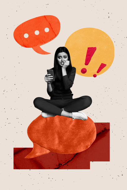 趋势艺术创意草图 3D 照片拼贴，年轻女士困惑地坐着，咬指甲，聊天，语音框，电子邮件，发短信，消息对话图片下载