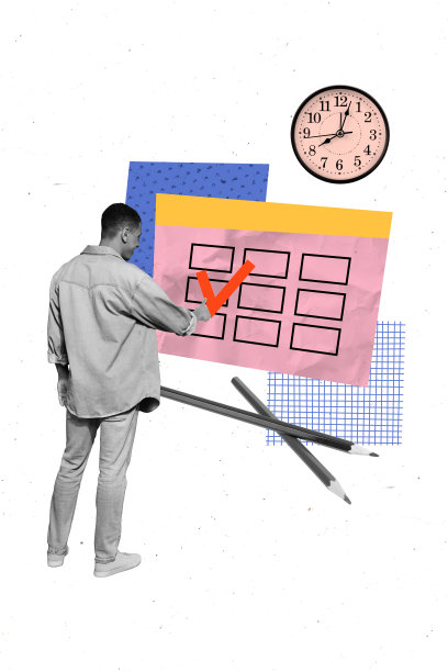 时间管理日程的3D照片拼贴趋势草图模板，年轻男性完成职业工作，商业人力资源。图片下载