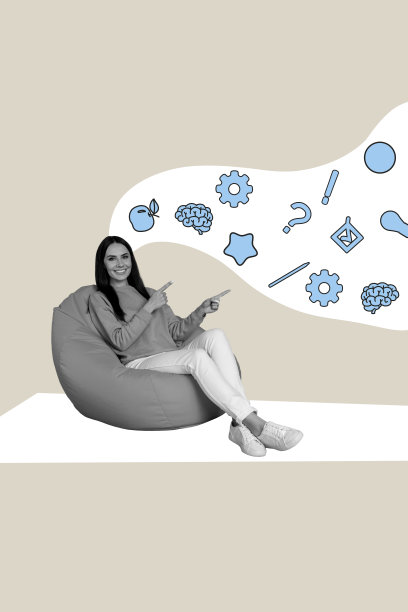 创意3D照片拼贴艺术模板，年轻女士坐在豆袋上，手指指向思维图标和齿轮，象征创业和人力资源。图片下载