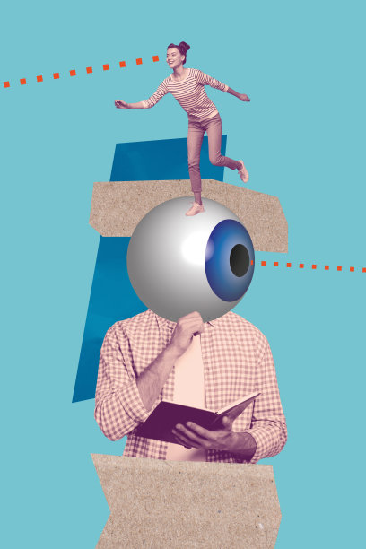 趋势艺术作品复合横幅照片拼贴，安全控制搜索，年轻男子注视，手持书籍阅读，女士奔跑，迷幻风格图片下载