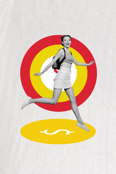 年轻女性学生微笑奔跑，成功瞄准投资收益市场财富银行美元的拼贴照片设计趋势草图图片下载