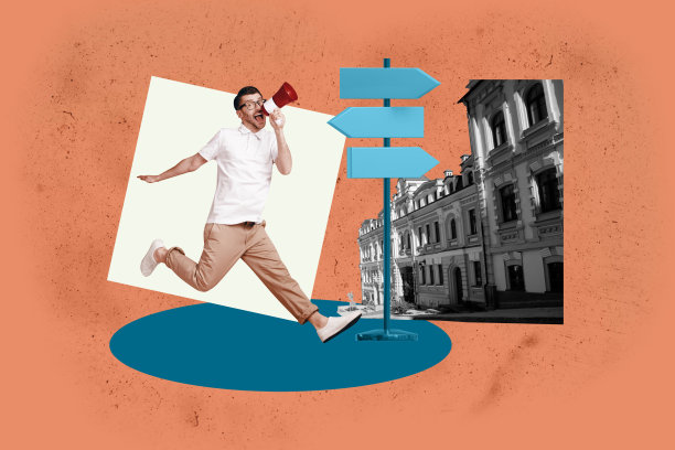 3D时尚杂志风格的照片拼贴，展示快乐的女孩和男孩站在指示牌旁，象征着搬家、旅行和新购置的定居生活。图片下载