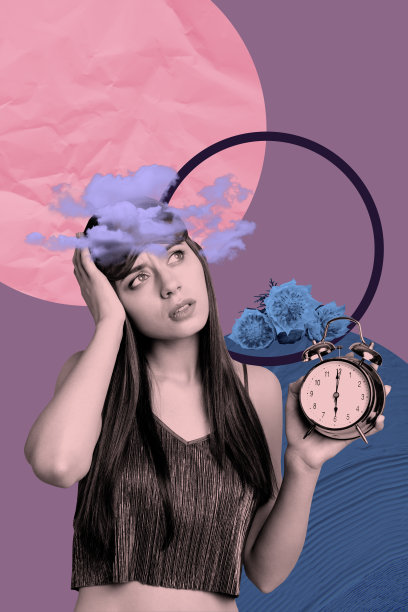 现代垂直照片拼贴，思维沉睡的女孩手握闹钟，穿着睡衣，春天的花朵盛开。图片下载