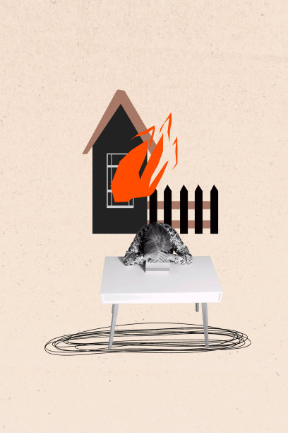 垂直的现代照片拼贴，展示了一个不快乐的女孩在桌子旁哭泣，消防水管，失去住所，难民和移民问题，游客。图片下载