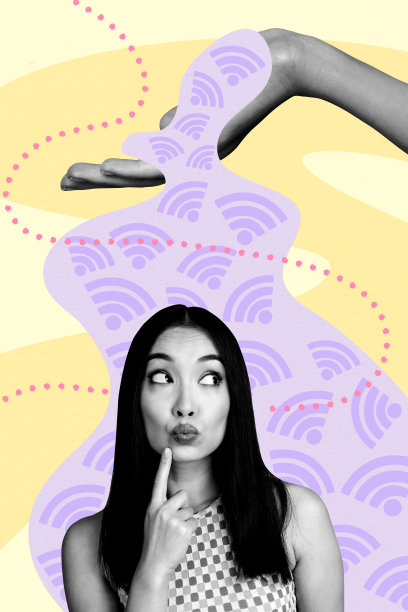 独特的垂直照片拼贴，思考的女孩撅着嘴唇，手指放在下巴上，思考着快速的WiFi连接和5G网络的头脑风暴。图片下载