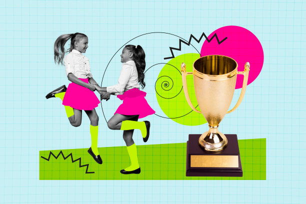 九月学期大学生朋友的拼贴照片设计趋势，两位年轻女孩跳跃着庆祝成功，手中举着奖杯。图片下载