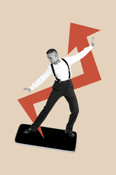 年轻男子舞蹈的复合3D照片拼贴设计趋势草图，智能手机显示目标方向的箭头图形指向贸易。图片下载