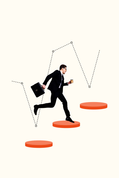 年轻男子穿着正式服装的拼贴艺术照片模板，奔跑中手持杯子，急于成功，交易统计图表和目标数据图形。图片下载