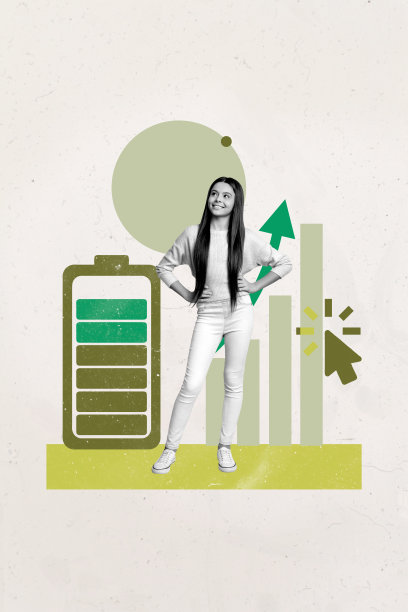 时尚艺术创意垂直照片拼贴，快乐的女商人和男商人站在图表发展箭头和电池进度旁。图片下载