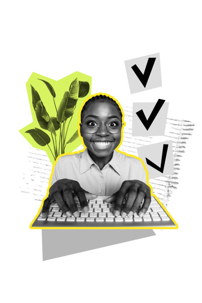 年轻女性微笑着在键盘上打字，展示了一个包含勾号的办公室经理、市场营销自由职业者和程序员的照片拼贴，体现了远程在线工作的场景。图片下载