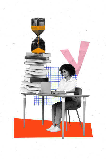 人力资源员工合作的照片拼贴模板，商务女性坐在桌子前，使用笔记本电脑，桌上堆满书籍和沙漏。图片下载